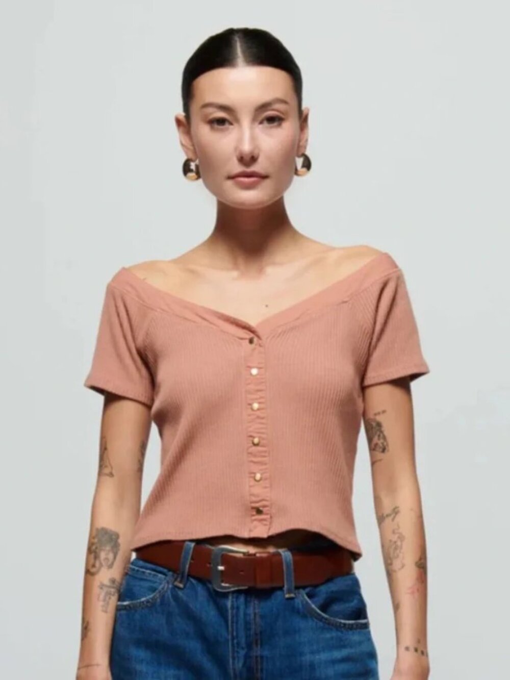 Nation LTD Ribbed Off-Shoulder Top in Mocha Mousse - Size M